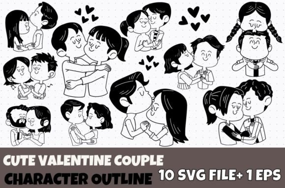 10 Cute Valentine Couple Cartoon Outline Graphics